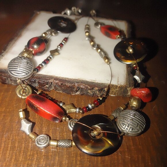 Chicos Multicolor Beaded Necklace With Tortoiseshell & Red Accents - Picture 5 of 6